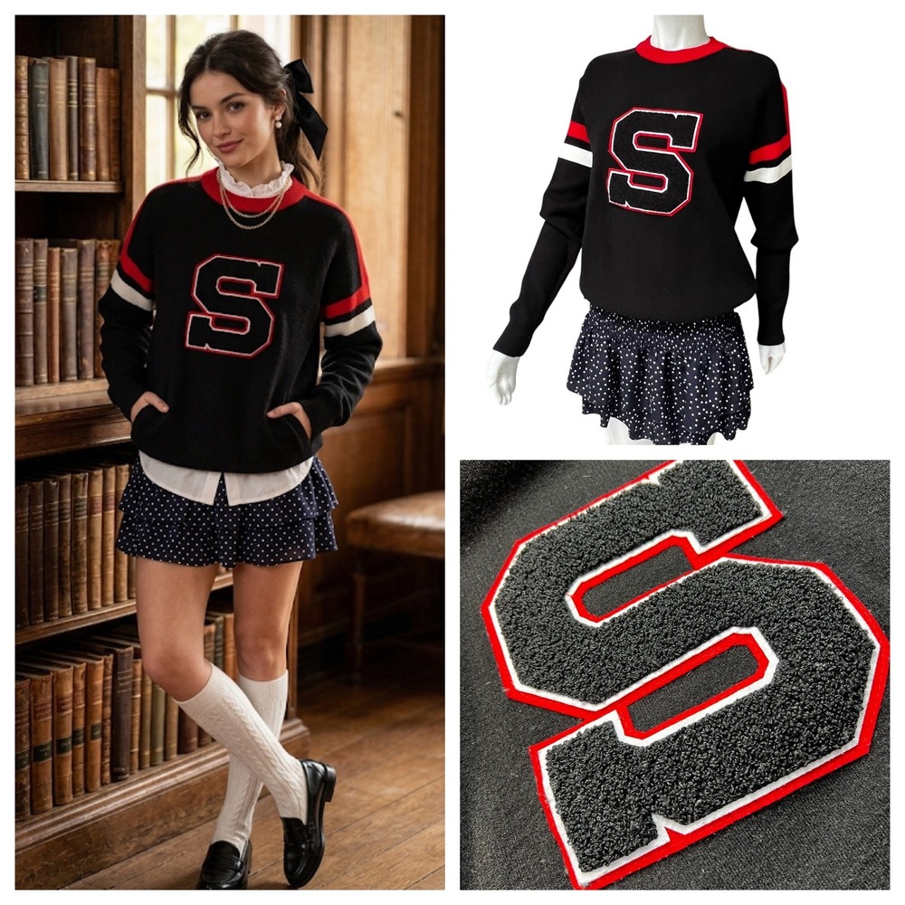 SEEK The‎ Label Varsity Letterman Sweater Patch Black Red White Preppy Oversized